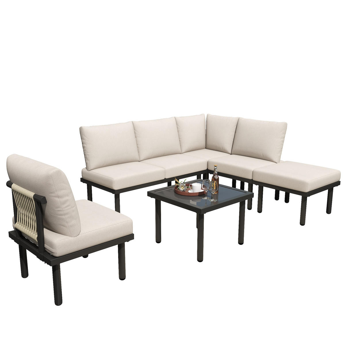GARTEN-LOUNGESESSEL-SET 231/174/66 cm beige aus Olefin und verzinktem Stahl mit Kissen - Beige, Metall - OKWISH