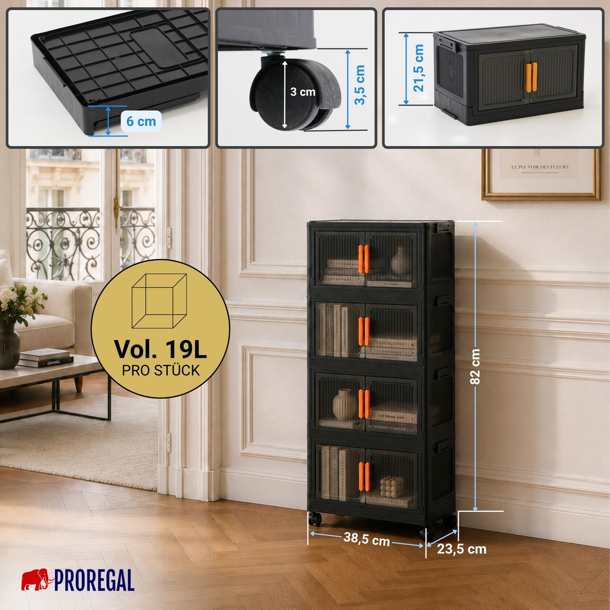AUFBEWAHRUNGSBOXEN EasyCube stapelbar 4 Ebenen und Rollen 19L Schwarz-Transparent - Schwarz, Kunststoff (39/25.5/26.5cm) - BERLINLODGE