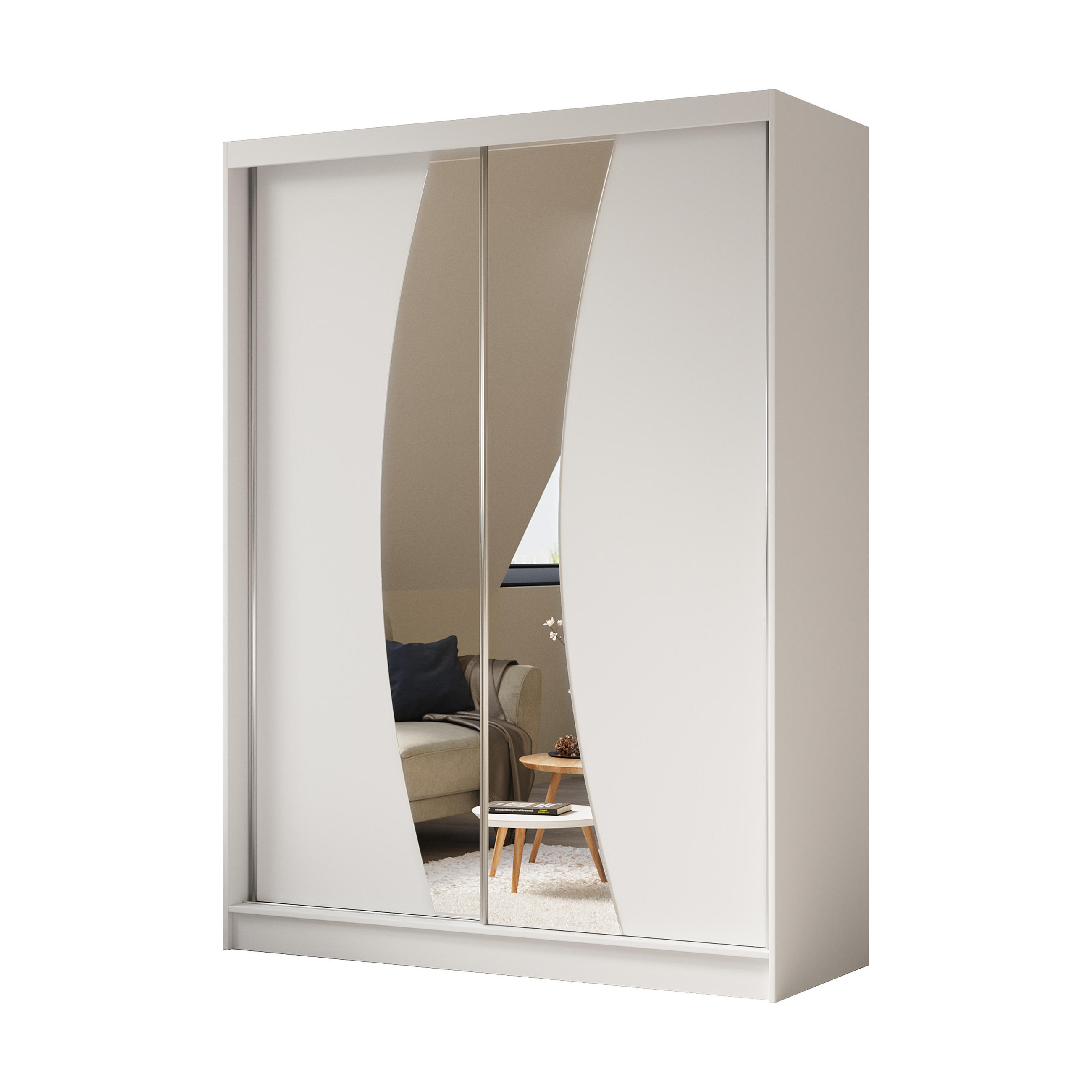 KLEIDERSCHRANK mit Spiegel-Schiebetüren und Aluminium-Leisten, LED-Beleuchtung - VOXI - 160 cm Weiß - Weiß, Holzwerkstoff (160/216/61cm) - ALTDECOR