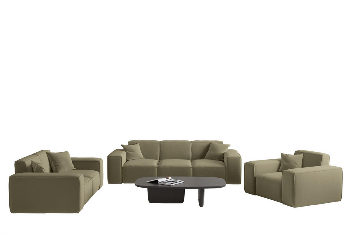 SOFASET Celes Premium 3-2-1 In Opera - Olivgrün, Holzwerkstoff/Textil (225/73/88cm) - Fun Möbel