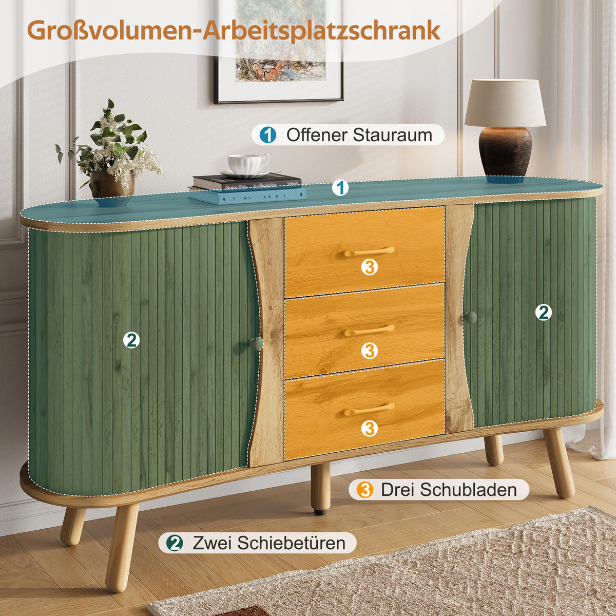 SIDEBOARD Skandi Holzoptik Schiebetüren Schubladen MDF - Honigeiche, Holzwerkstoff (36.5/75/150cm) - FLIEKS