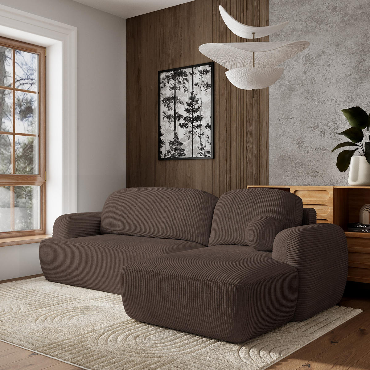 ECKSOFA MODENZA P R-S Braun Kordstoff mit Schlaffunktion - Braun, Holz (266/148cm) - MASSENO