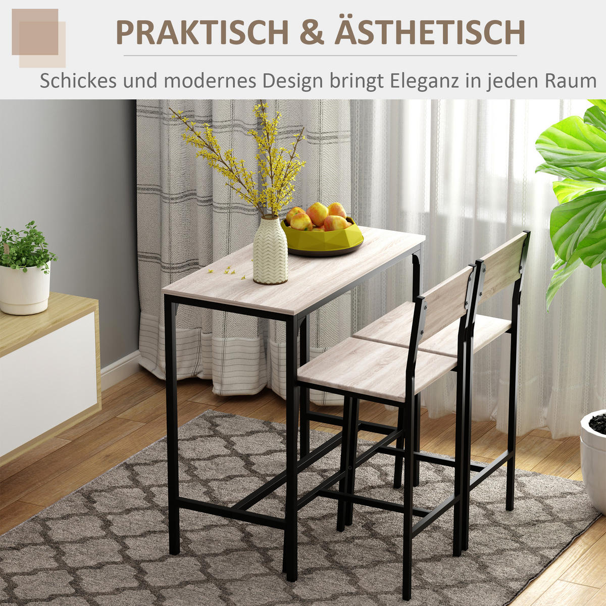 BARTISCH-SET DE-39278 89/45 cm Tisch mit 2 Stühlen Natur/Schwarz - Naturfarben, Holzwerkstoff (89/87/45cm) - ComfortXL