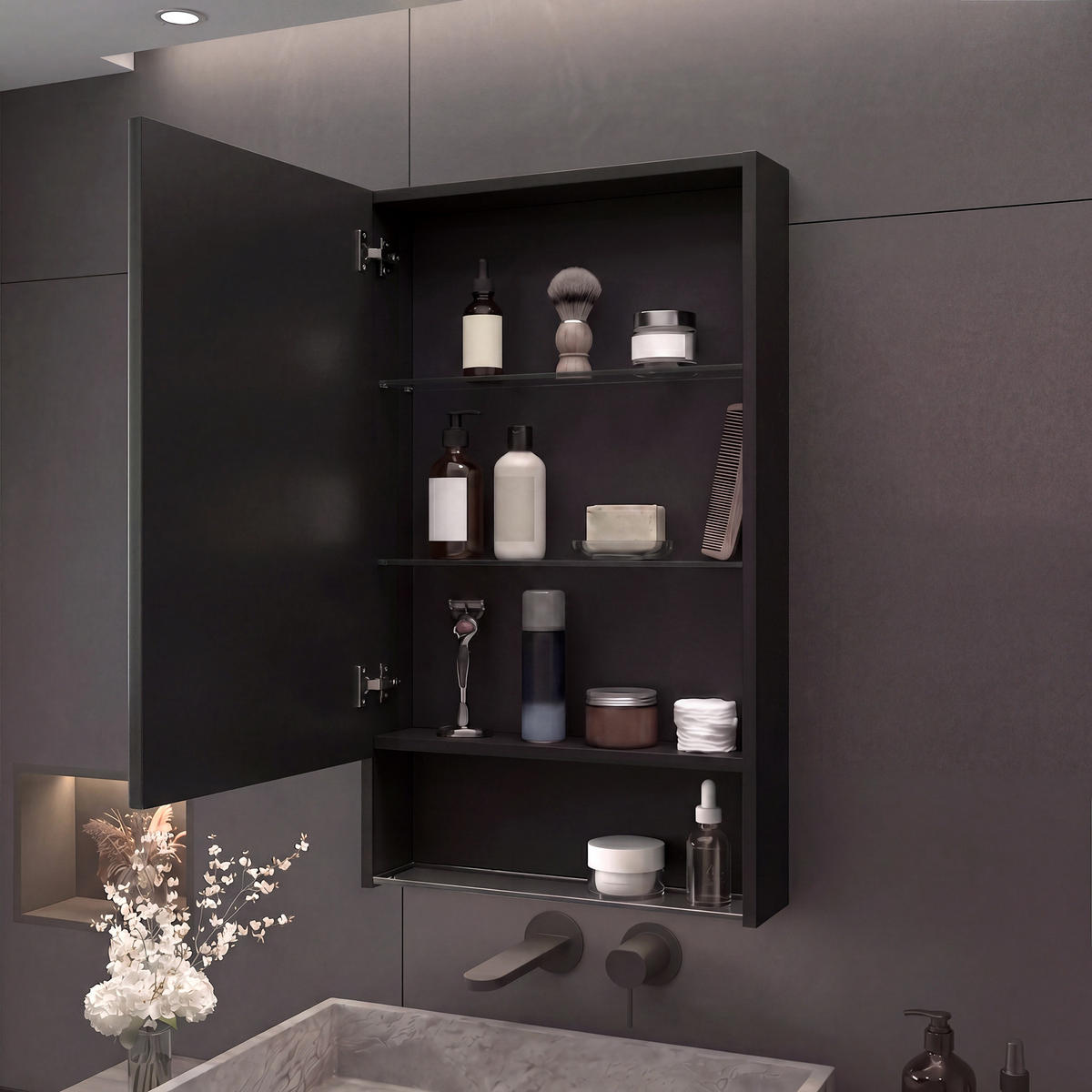 SPIEGELSCHRANK Schwarz 50x88cm mit 3 Lichtfarben & Antibeschlag - Schwarz, Glas (50/88/16cm) - SHOPENTRA