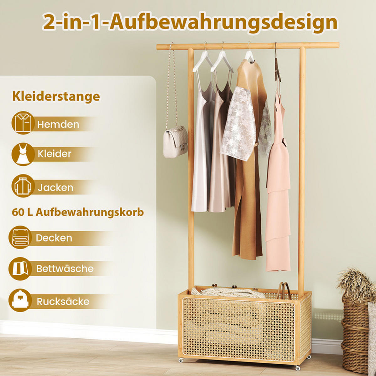 GARDEROBENSTÄNDER mit PE-Rattan-Aufbewahrungskorb natur - Naturfarben, Naturmaterialen (100/172/32.5cm) - COSTWAY