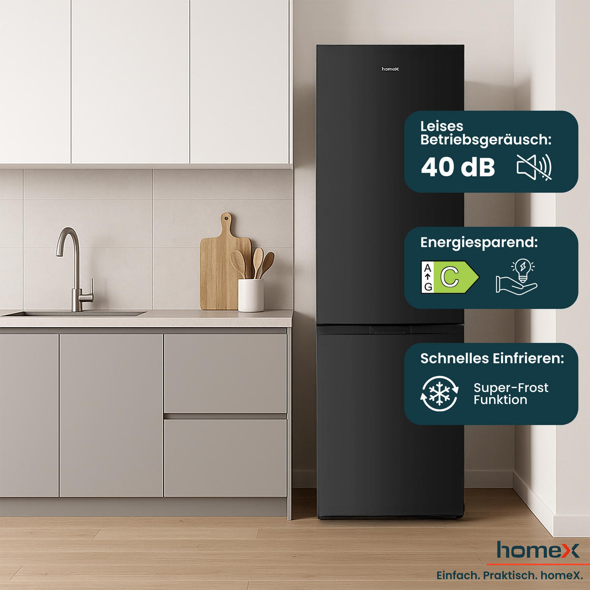 KÜHL-GEFRIER-KOMBINATION, freistehend, groß - 315 Liter, Super-Frost-Funktion, Kühlschrank mit Gefrierfach, EEK C, schwarz - Schwarz, Glas/Kunststoff (60/186/59.5cm) - homeX