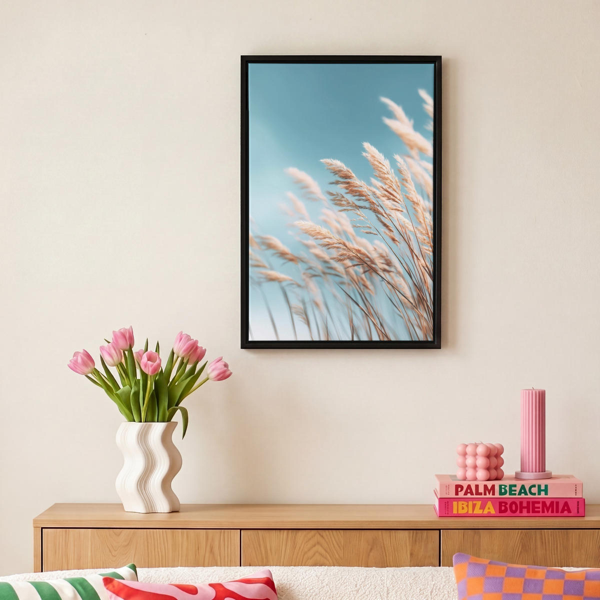 LEINWAND Bilder mit Rahmen - Ziergras - Wind - Hellbraun - 20x30 - Hellblau, Textil (20/30cm) - MuchoWow