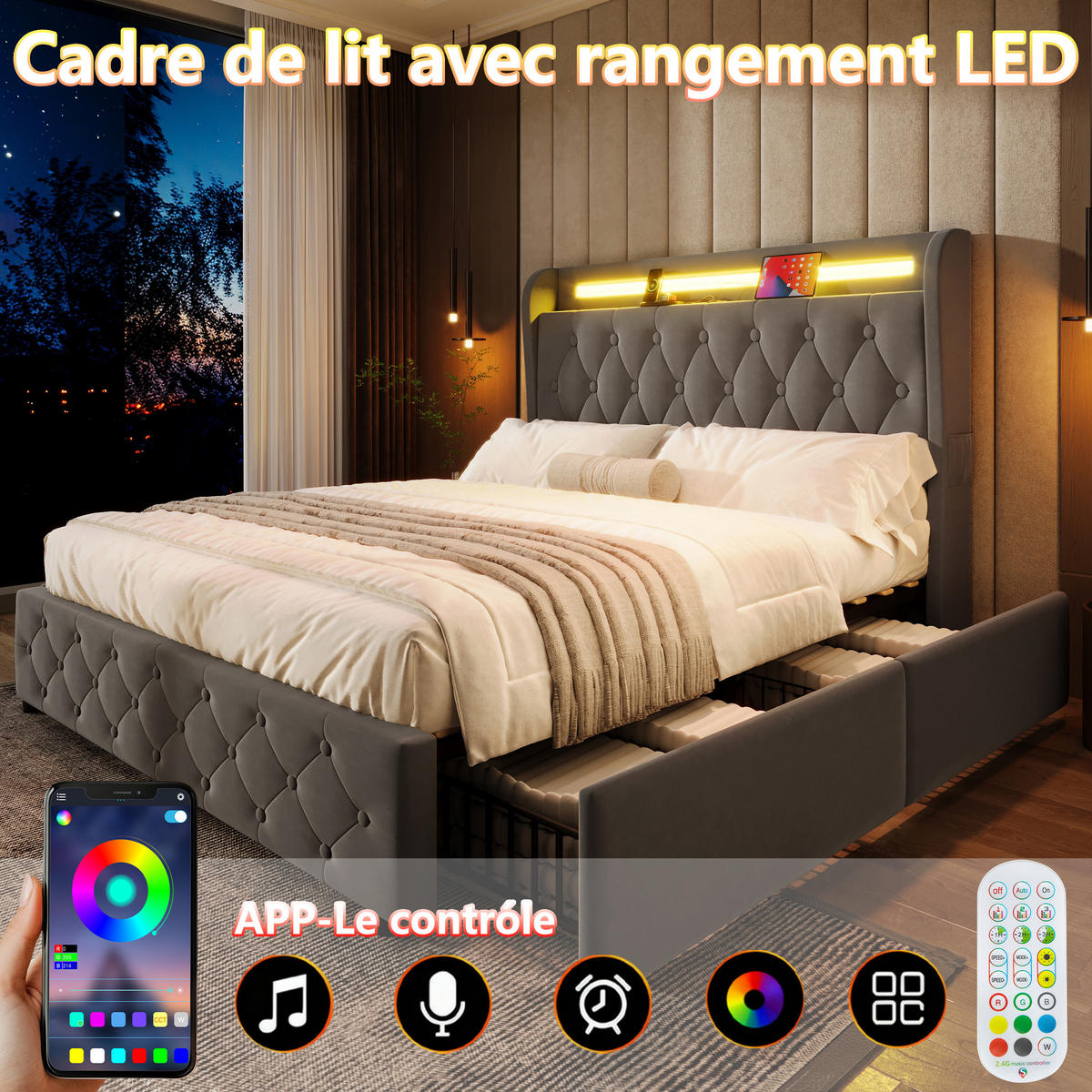POLSTERBETT 140x190 cm LED USB Schubladen Samt - Grau, Textil (140/190cm) - LEBENLANG