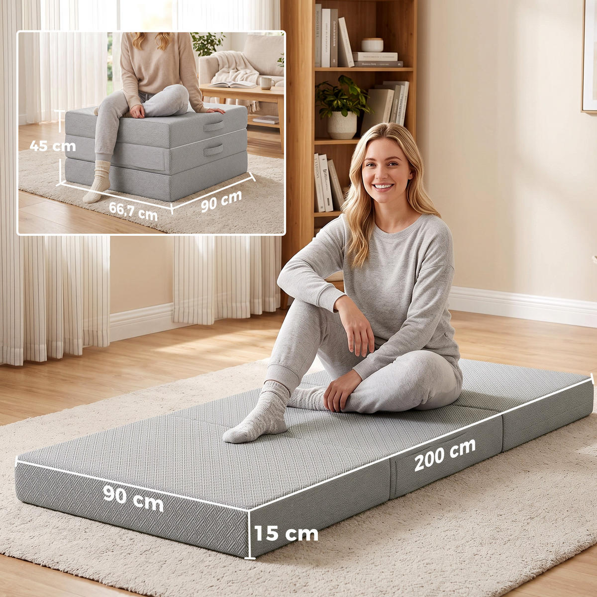 KLAPPMATRATZE Strickstoff 100 Prozent Polyester Gel-Memory-Schaum Hellgrau - Hellgrau, Textil (90/200cm) - HOMCOM