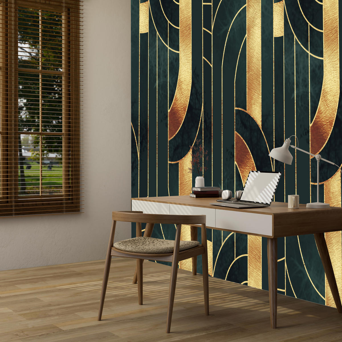 FOTOTAPETE für Büro Imitation Goldene Abstraktion Formen Geometrischn 300x210 - Schwarz, Papier (300/210cm) - Muralo