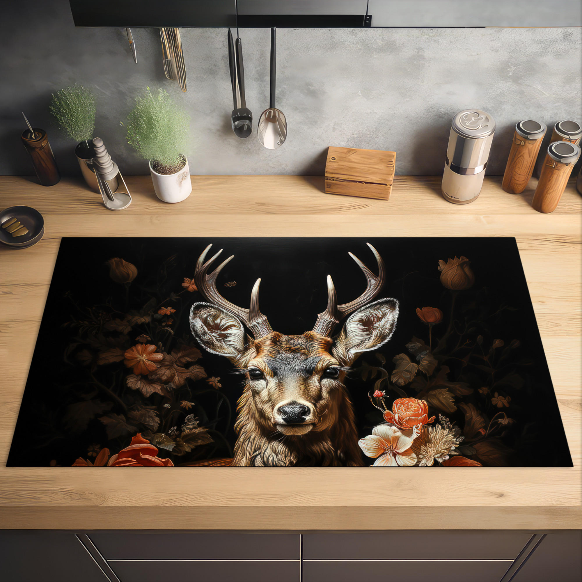 HERDABDECKPLATTE Hirsch - Tier - Blumen - Natur - Botanisch 91x52 cm - Kupferfarben, Kunststoff (91.2/0.2/52cm) - MuchoWow
