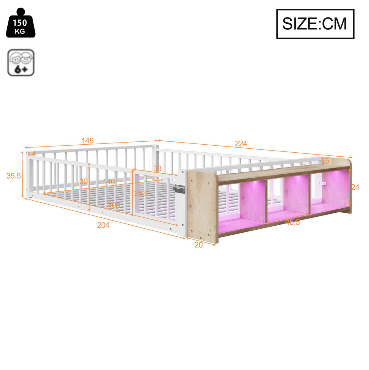 DETSKÁ posteľ 140/200 cm biela s ochranným zábradlím, úložným priestorom a LED osvetlením z kovu a MDF - biela, kompozitné drevo (140/200cm) - OKWISH
