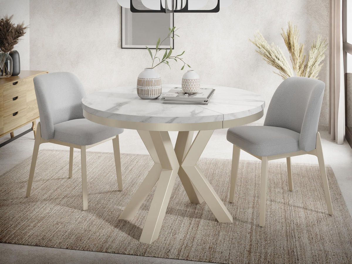 ESSTISCH Clara Beige Cashmere runder ausziehbarer, Marmor Weiß 120-200/120/76 cm - Kaschmir/Ecru, Holzwerkstoff/Metall (120/120/76cm) - WFL GROUP