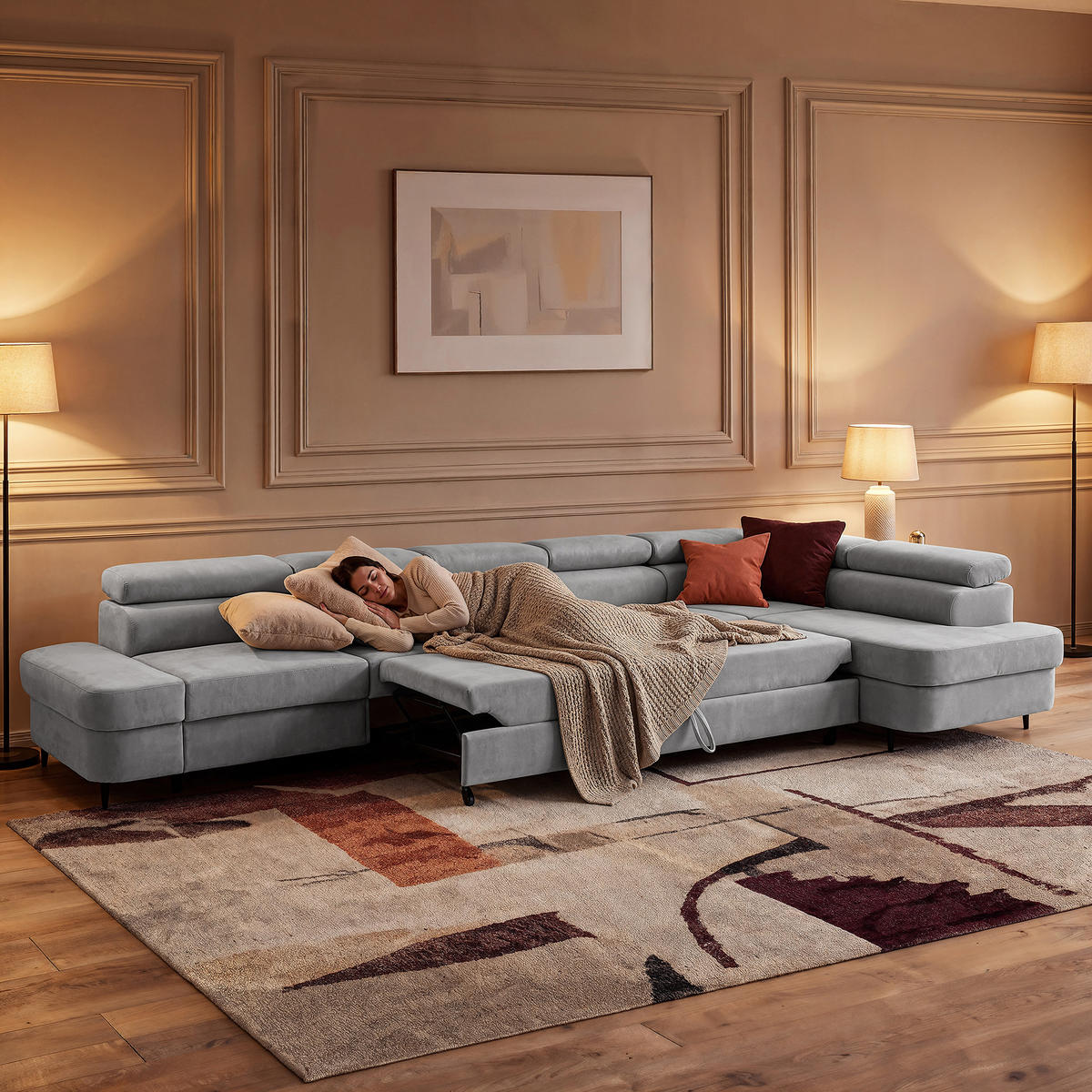 ECKSOFA PRIAM XXL L-Form Rechts mit Schlaffunktion 125x265 Velours Hellgrau - Hellgrau/Schwarz, Holz/Textil (420/203cm) - Muffo