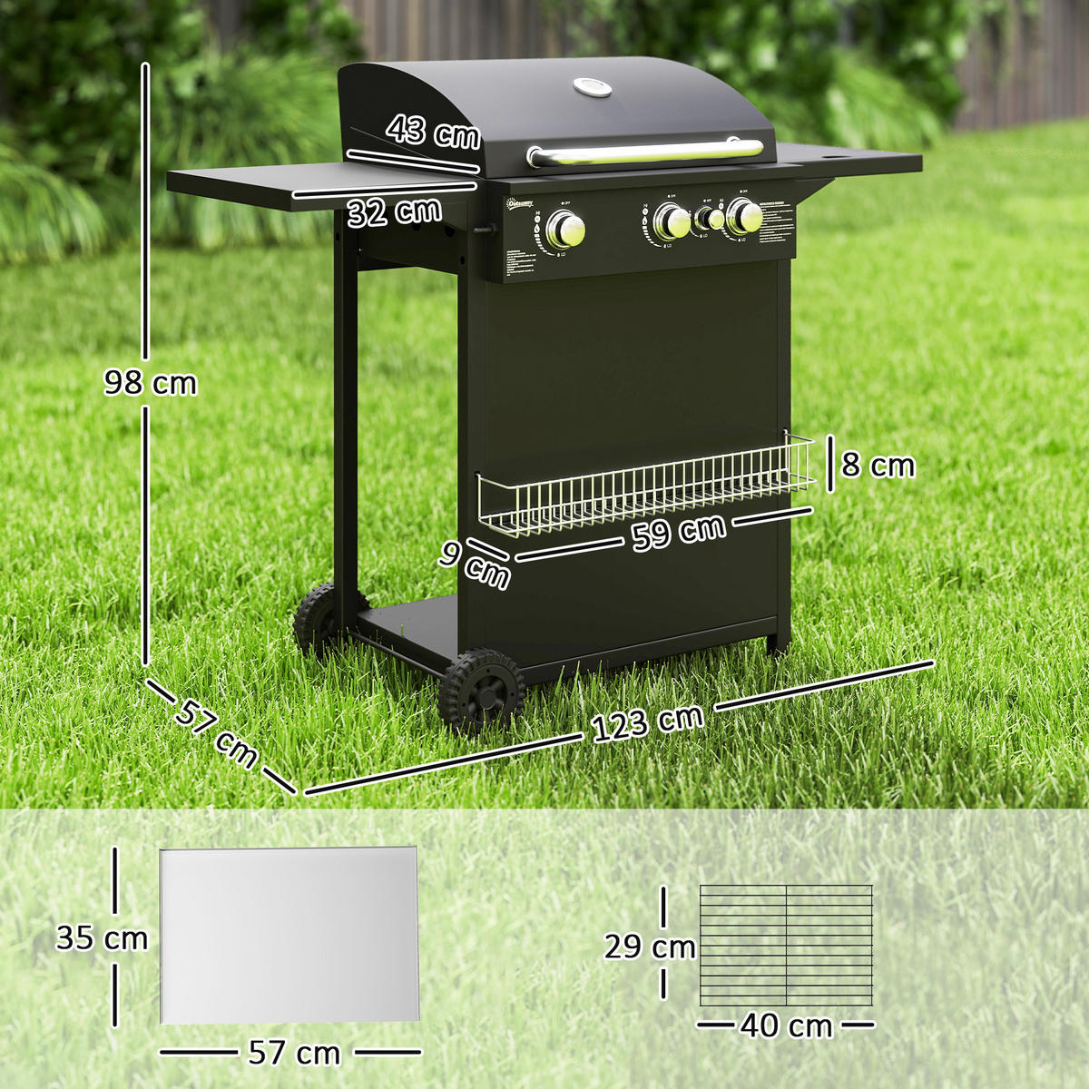 GASGRILL DE-18620 3+1 Brenner 9,5 kW mit 2 Grillrosten Schwarz - Schwarz, Metall (58/98/123cm) - ComfortXL