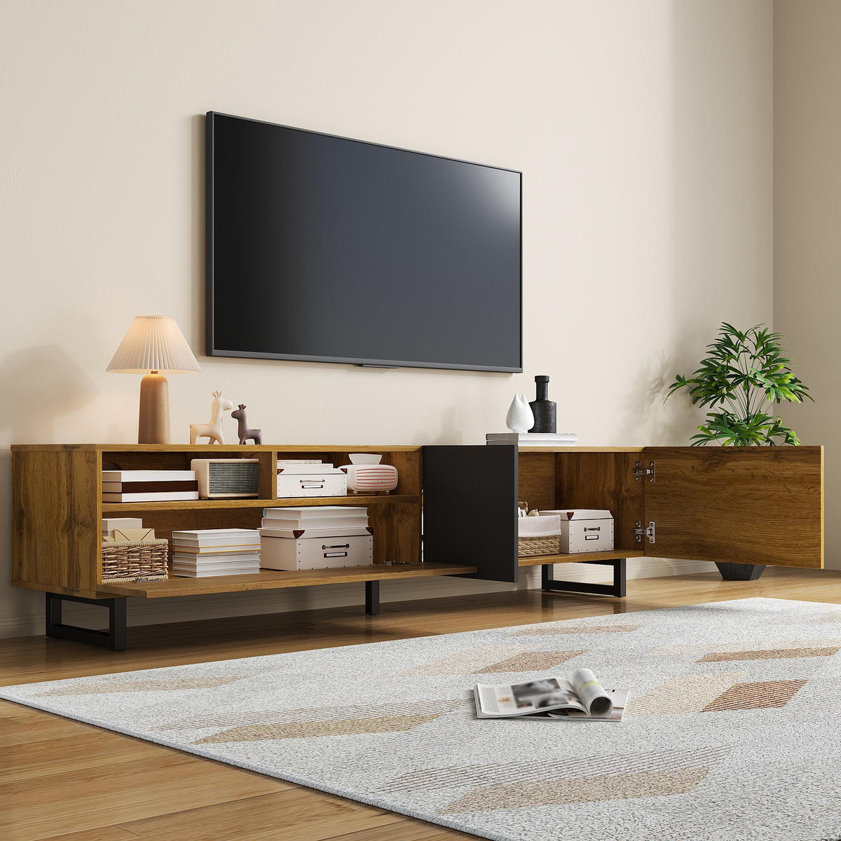 TV-ELEMENT170X36,5X42CM Colorblock-Design 3-Türen Retro-Holzmaserung - Naturfarben, Holz (45.72/21.72/98.43cm) - Raelunyi