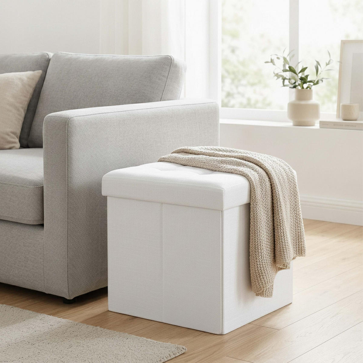 SITZHOCKER Weiß Leinen faltbar Stauraum 38x38x38 cm - Weiß, Holzwerkstoff/Textil (38/38/38cm) - Relaxdays