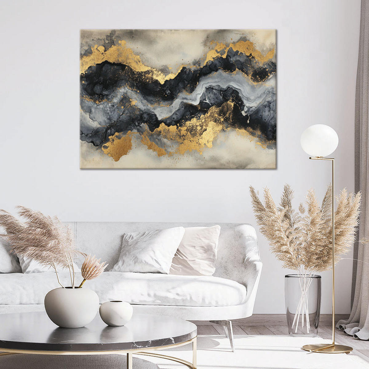 LEINWANDBILD Schwarz-weißer Marmor mit Gold - Goldfarben, Textil (60/40cm) - Feeby
