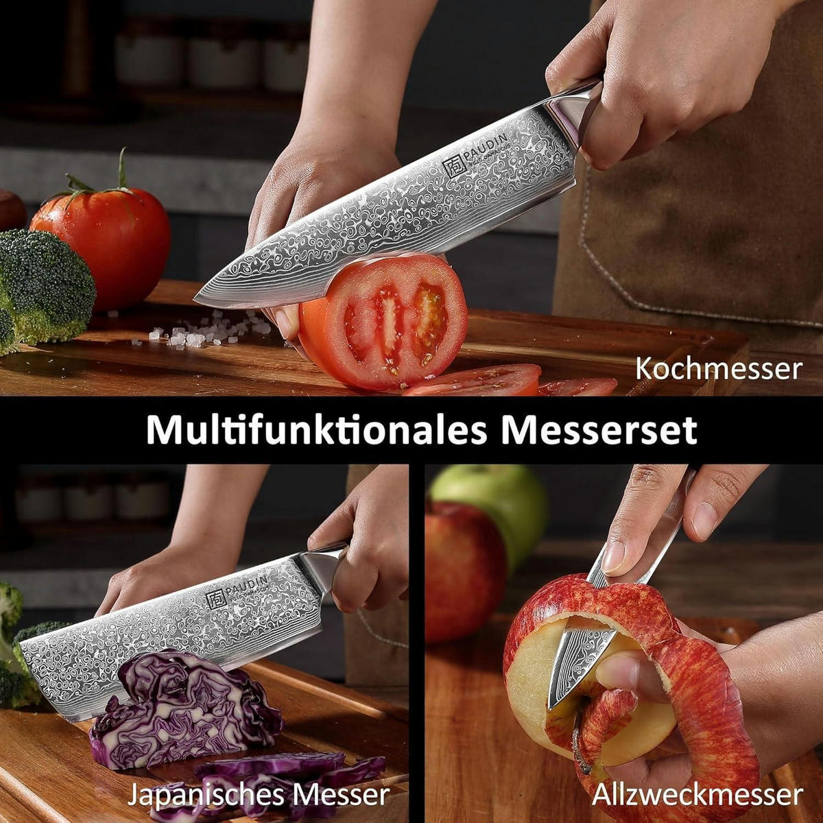 KÜCHENMESSERSET 3-teiliges Set Damaststahl VG10 G10 Griff - Multicolor, Metall