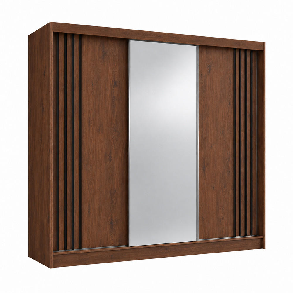 KLEIDERSCHRANK Nila 240 cm Nussbaum Warmia Spiegel 4 Schubl. Griffe schwarz - Nussbaumfarben, Holzwerkstoff (240/216/61cm) - KS Home Concept