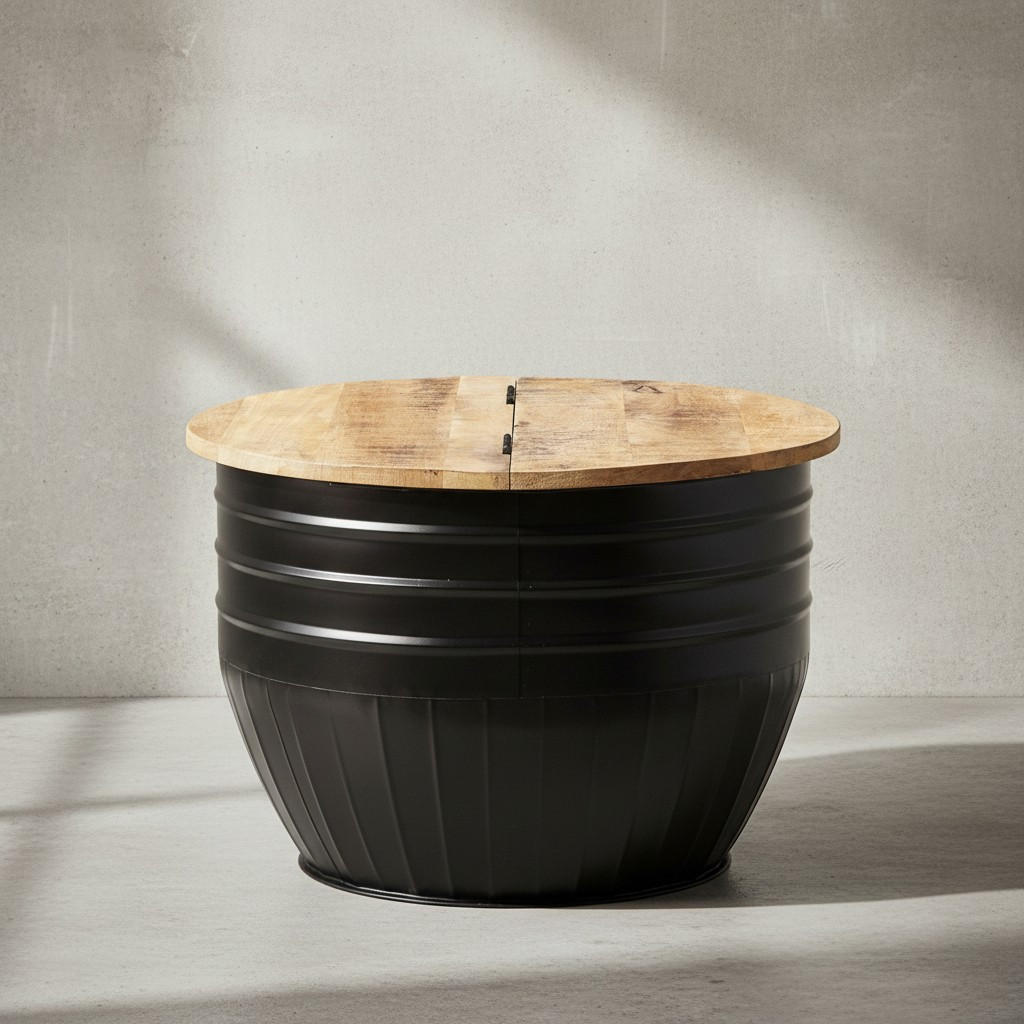 COUCHTISCH Mango Massivholz Industrial Stil mit Stauraum handgefertigtes Unikat - Schwarz, Holz/Metall (60/60/41cm) - KADIMA DESIGN