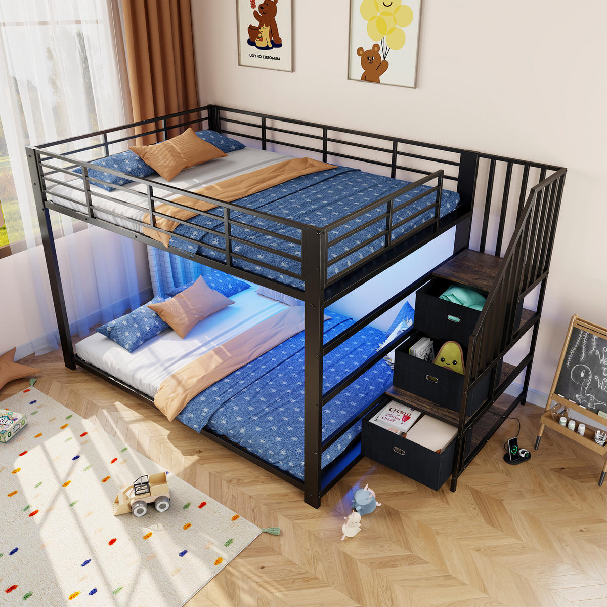 ETAGENBETT aus MDF und Metall 140x200 cm Schwarz mit Stauraumtreppe, LED-Lichtband und USB-Anschlüssen - Schwarz, Holzwerkstoff (140/200cm) - Modfu