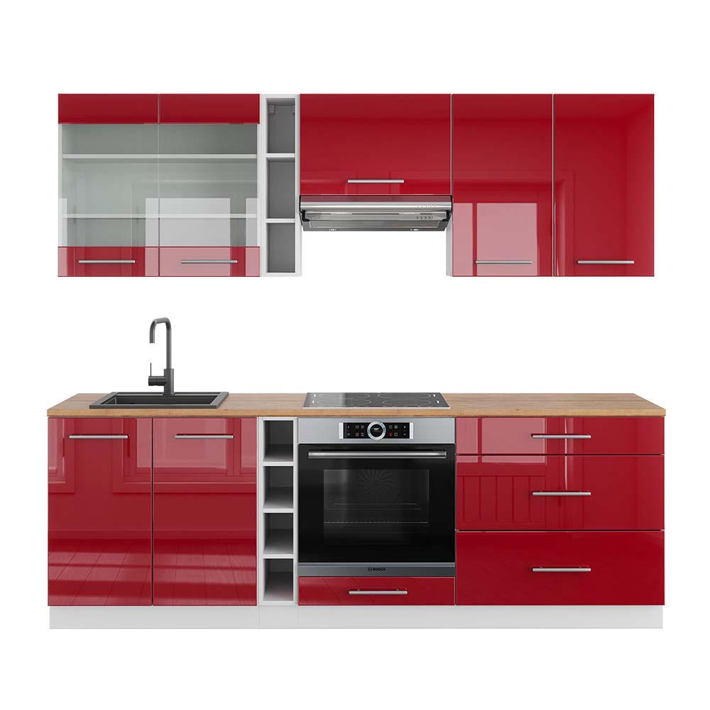 KÜCHENZEILE Fame-Line Bordeaux Hochglanz/Weiß 235 cm, AP Eiche - Bordeaux/Weiß, Holzwerkstoff (235/81.6/60cm) - Vicco