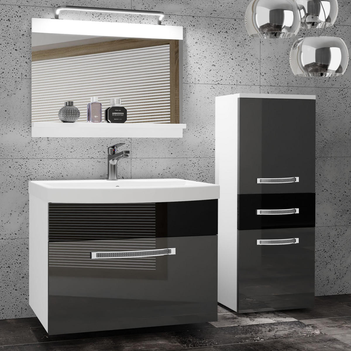 BADMÖBEL Badezimmer Silber/ Schwarz, Glänzend - Silberfarben/Schwarz, Holz (100/81/40cm) - B BELINI GROUP