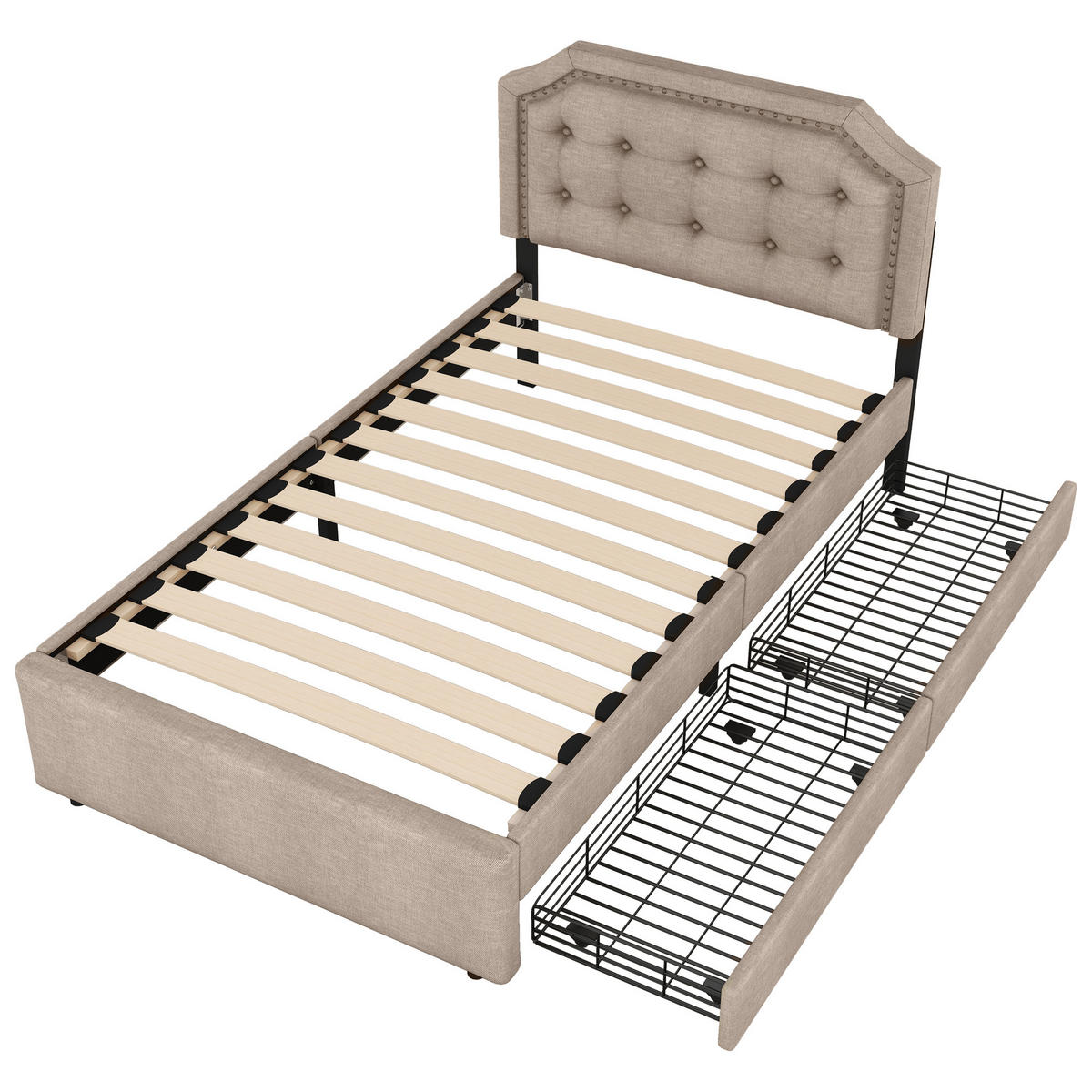 POLSTERBETT 90/200 cm Dunkelbeige mit Aufbewahrung und Zierknöpfen - Beige, Textil (90/200cm) - OKWISH