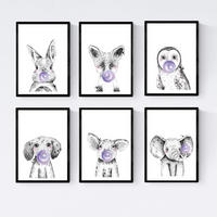 POSTER Set Mit 6 Tiere Babys Mit Kaugummi Schweine Elefant Kaninchen Zorro Eulenhund A3 Schwarzer Rahmen - Schwarz, Papier (29/3cm) - Nacnic