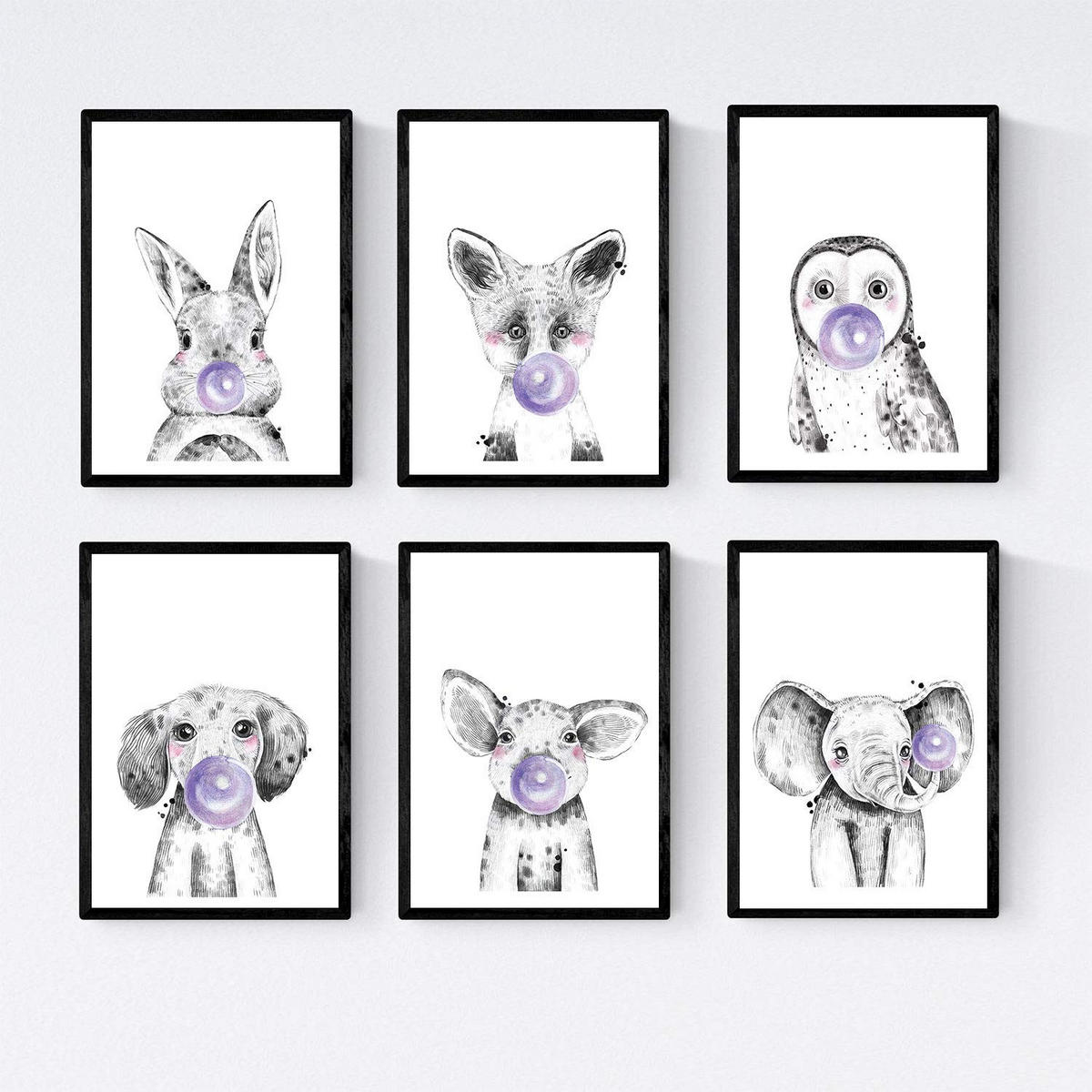 POSTER Set Mit 6 Tiere Babys Mit Kaugummi Schweine Elefant Kaninchen Zorro Eulenhund A3 Schwarzer Rahmen - Schwarz, Papier (29/3cm) - Nacnic