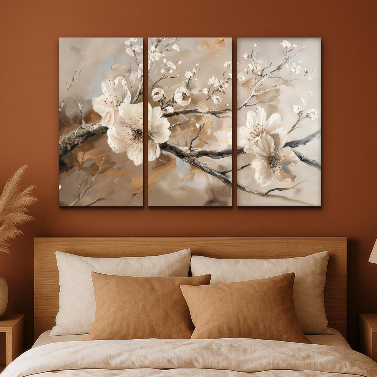 LEINWANDBILD 3er Set Blüte - Beige - Abstrakt - Blumen 180x120 cm - Hellbraun, Textil (180/120cm) - MuchoWow