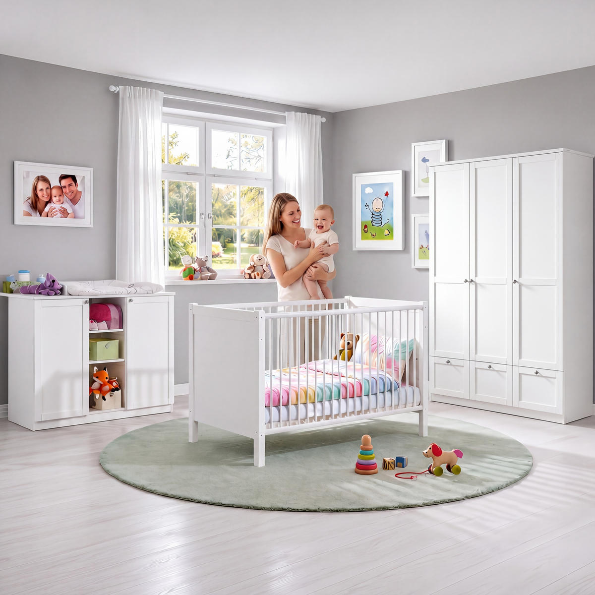 BABYZIMMER-SET 3-tlg.: Babybett & Wickelkommode & Kleiderschrank 3-türig mit Schubladen B135/H200/T58 cm, Soft-Close, Landhausstil Weiß / 22804 - Silberfarben/Weiß, Holzwerkstoff/Metall (76/83/146cm) - luma-home