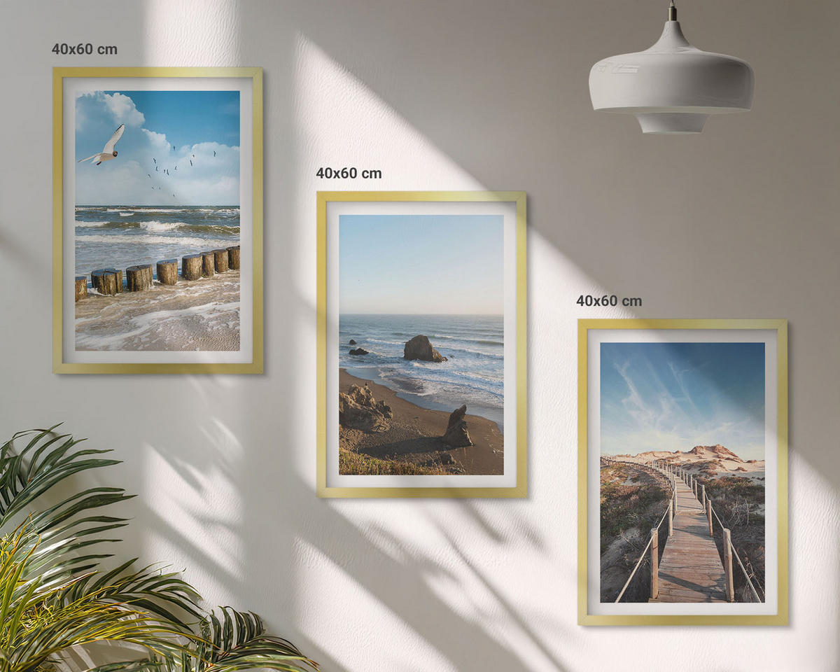 WANDBILDER 3er Set - 40x60 cm Goldrahmen - Strandwellen, Himmelsbrücke, Spaziergang - Goldfarben, Kunststoff (40/60cm) - ArtPrintCave