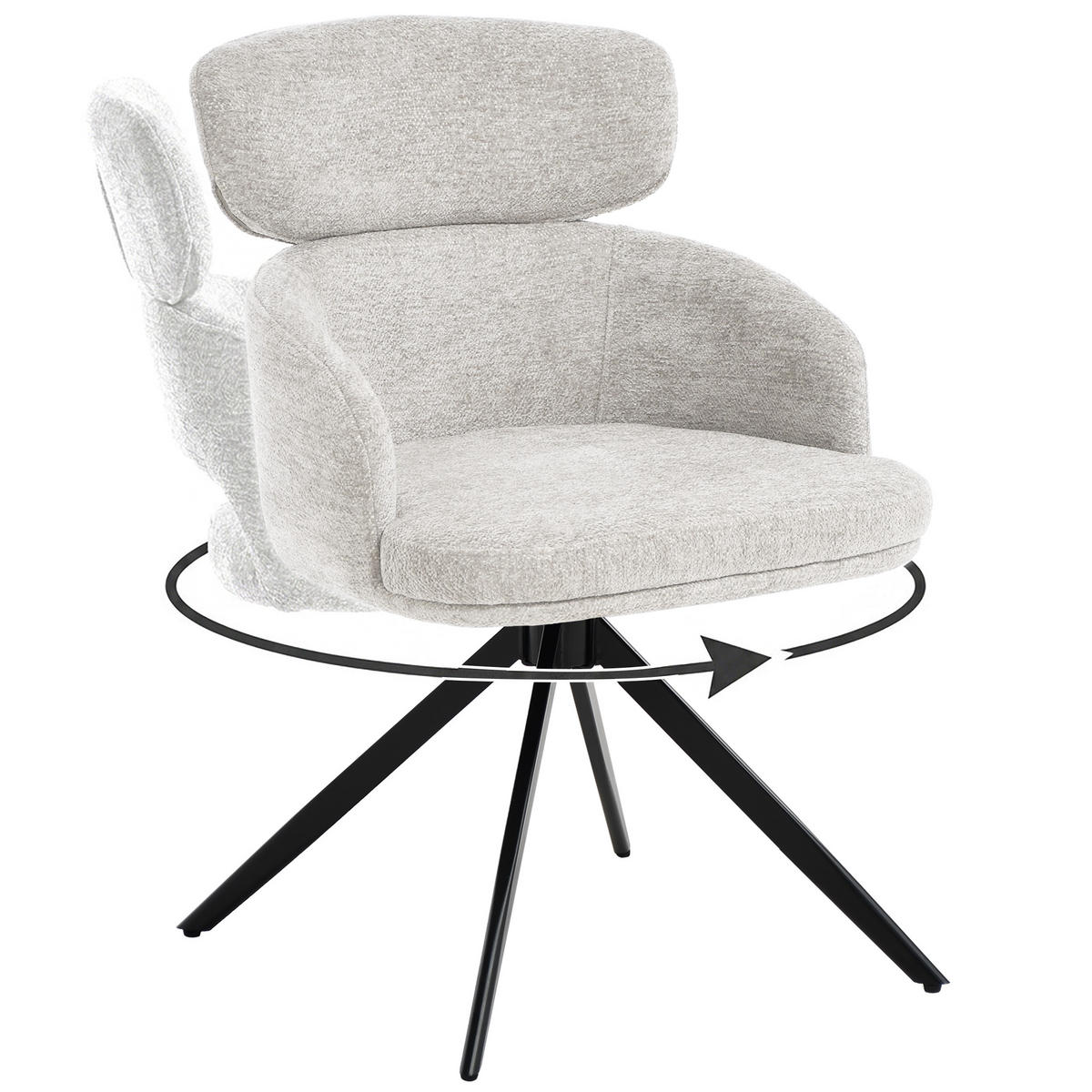 DREHSTUHL Tuso, Polsterstuhl mit Armlehnen und Kopfstütze, Bouclé-Stoff, Hellbeige - Beige/Schwarz, Metall (49/81/55cm) - Beautysofa