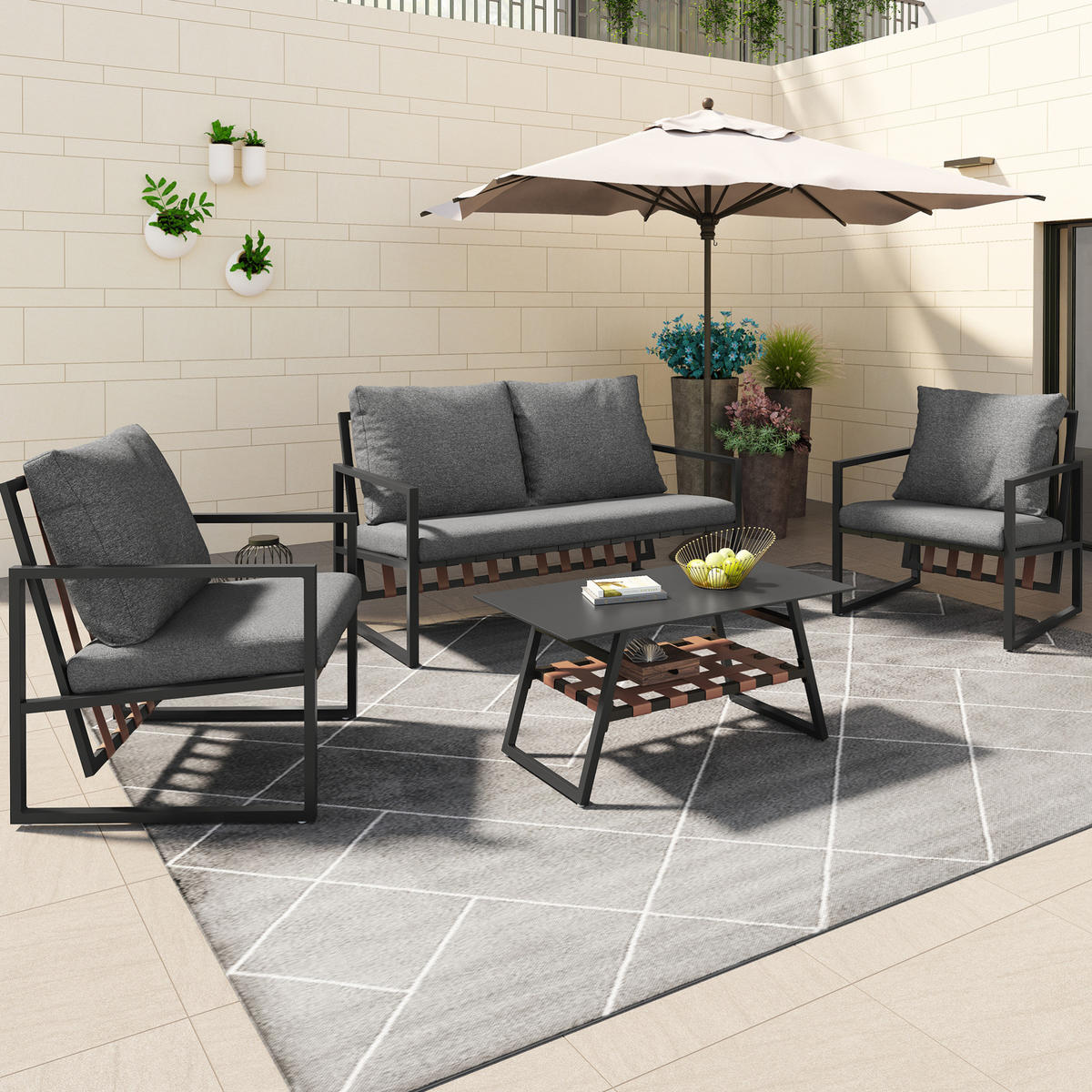 GARTENLOUNGE für 4 Personen mit Couchtisch, Ablage, waschbaren Kissenbezügen und Hartglasplatte, Schwarz - Schwarz, Kunststoff - Redom