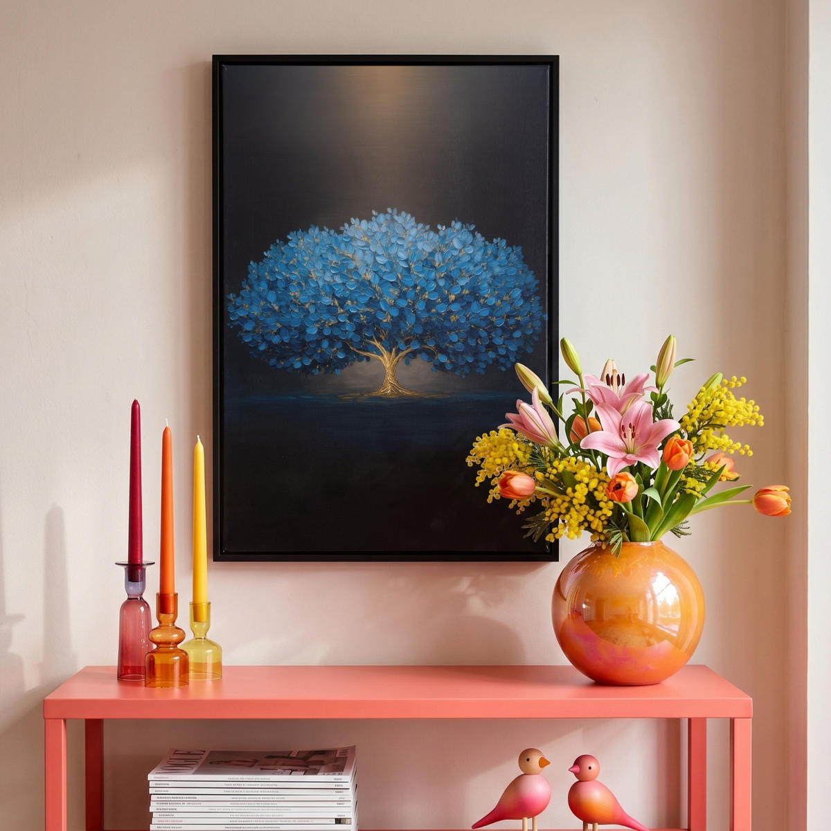 LEINWAND Bilder mit Rahmen - Baum - Blau - Blätter - Pinselstriche - 40x60 - Blau, Textil (40/60cm) - MuchoWow
