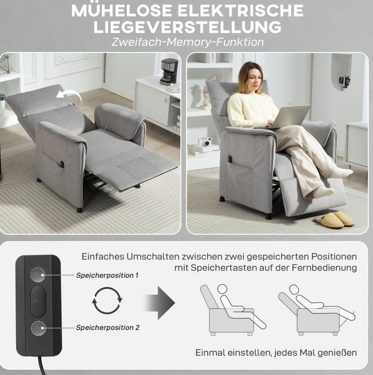 RELAXSESSEL 83/80/104 cm grau aus Polyester elektrisch verstellbar mit Memory-Funktion - Grau, Textil (80/104/83cm) - OKWISH