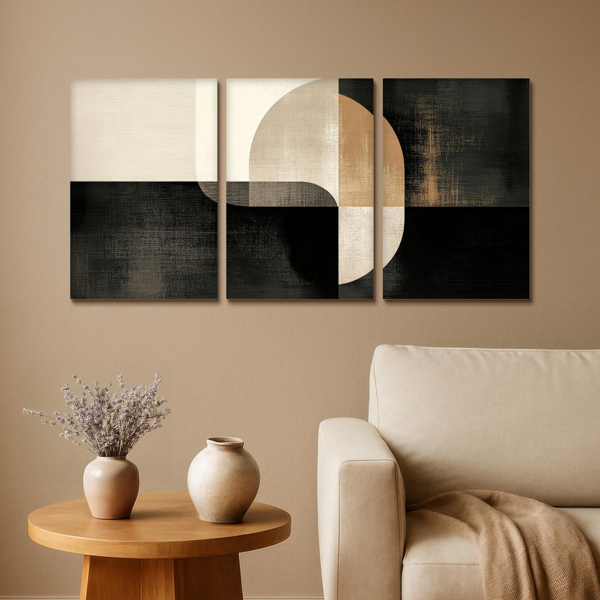 LEINWANDBILD 3er Set Formen - Abstrakt - Gold 120x60 cm - Schwarz, Textil (120/60cm) - MuchoWow