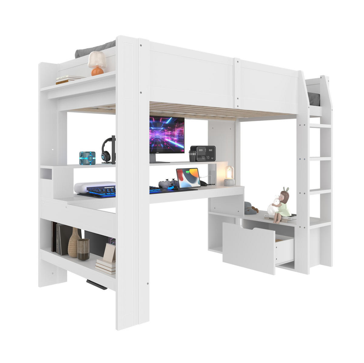 HOCHBETT 90/200 cm weiß aus Kiefernholz mit Schreibtisch, LED und Stauraum - Weiß, Holzwerkstoff (90/200cm) - OKWISH