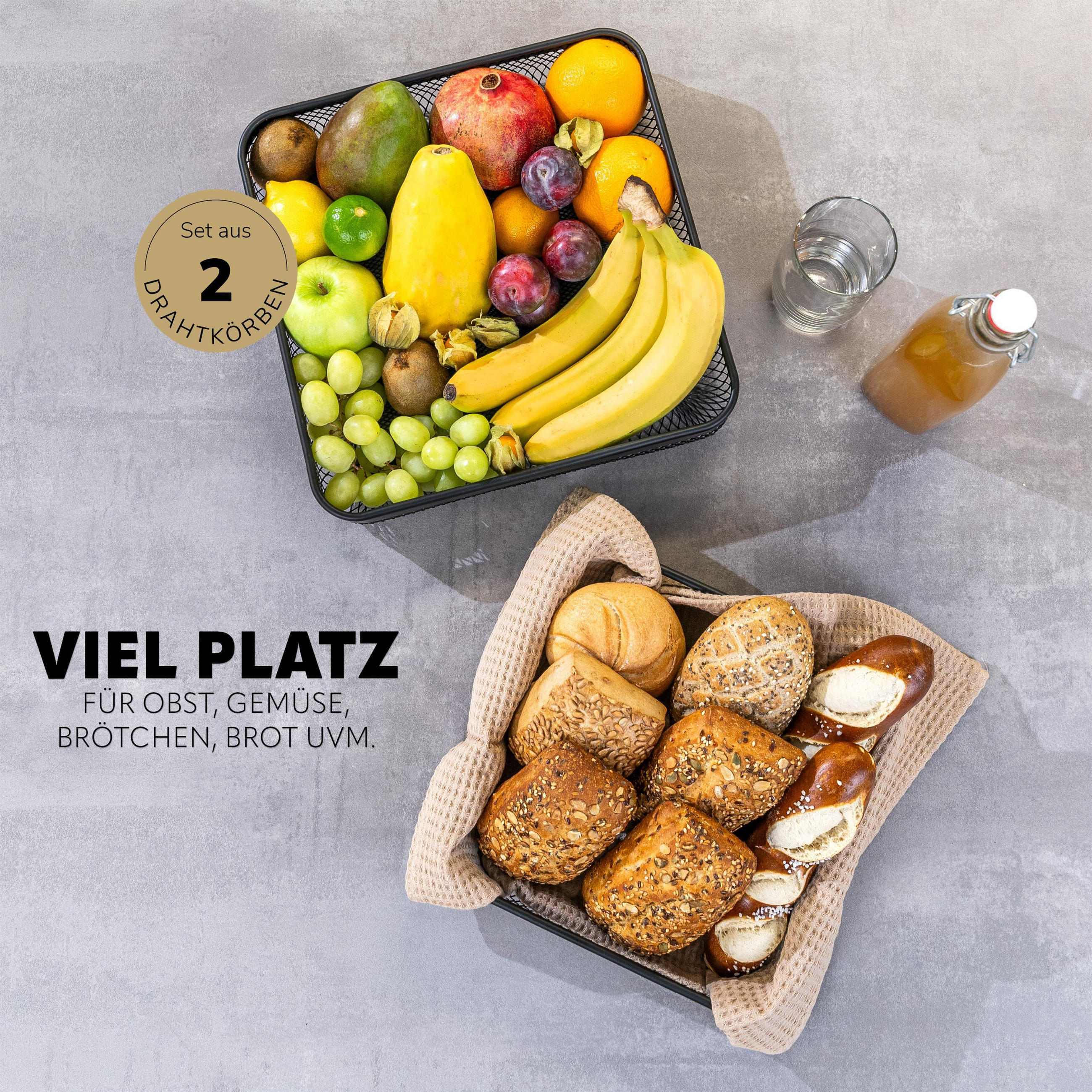 OBSTKORB - BROTKORB 2er Set, eckige Obstschale, aus schwarzem Metall - Schwarz, Metall (6cm) - eluno