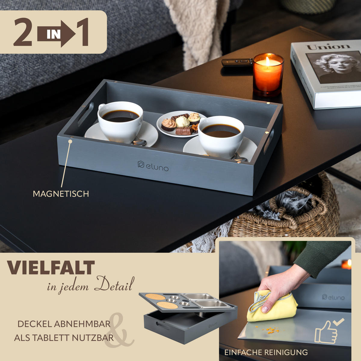 COUCHBAR mit abnehmbarem Deckel, Bambus, grau - Dunkelgrau, Holz (27.5/8/40cm) - eluno