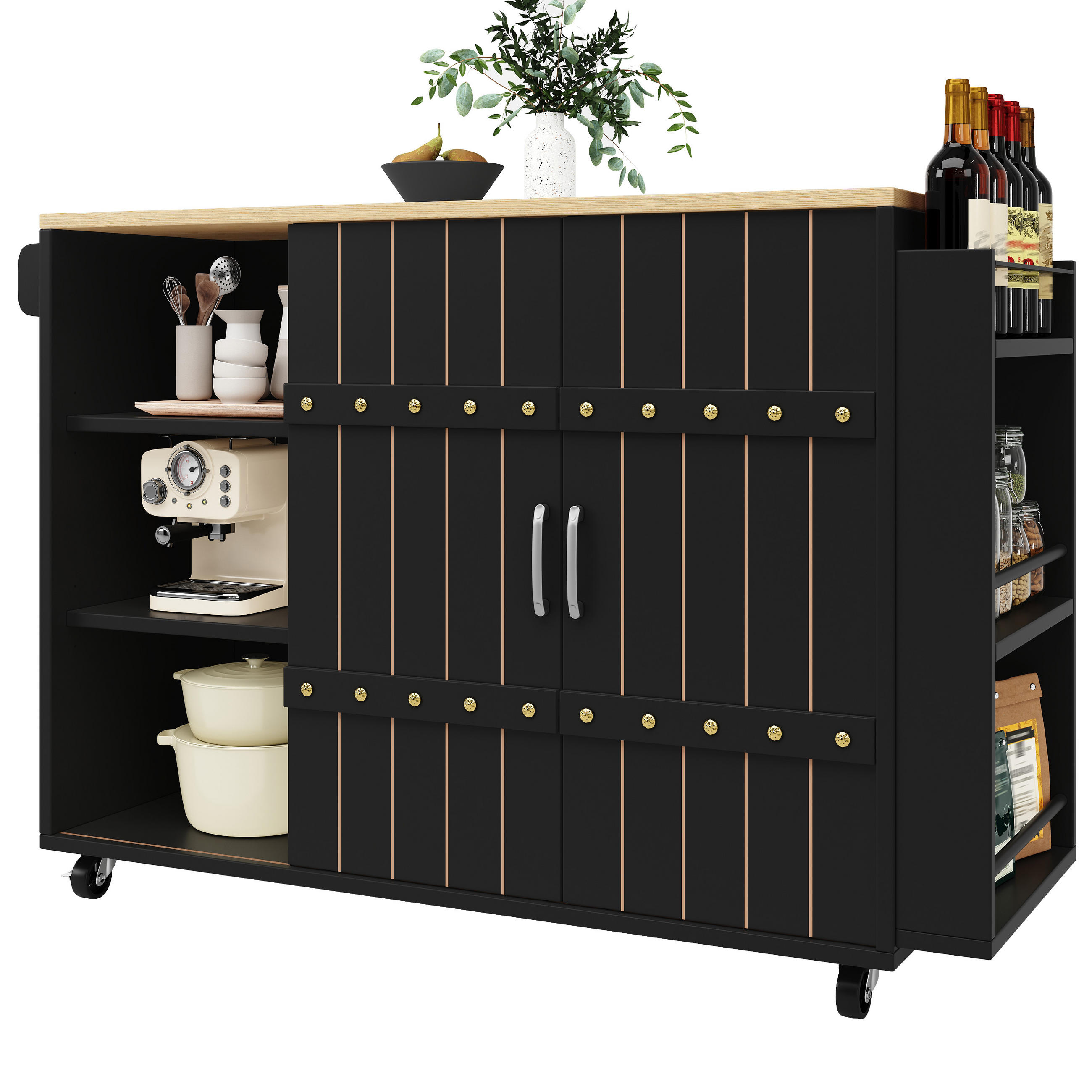 KÜCHENINSEL Schwarz auf Rollen mit Klappbarer Arbeitsplatte & Schiebetüren - Schwarz, Holzwerkstoff (110/90/42cm) - Urban Meuble