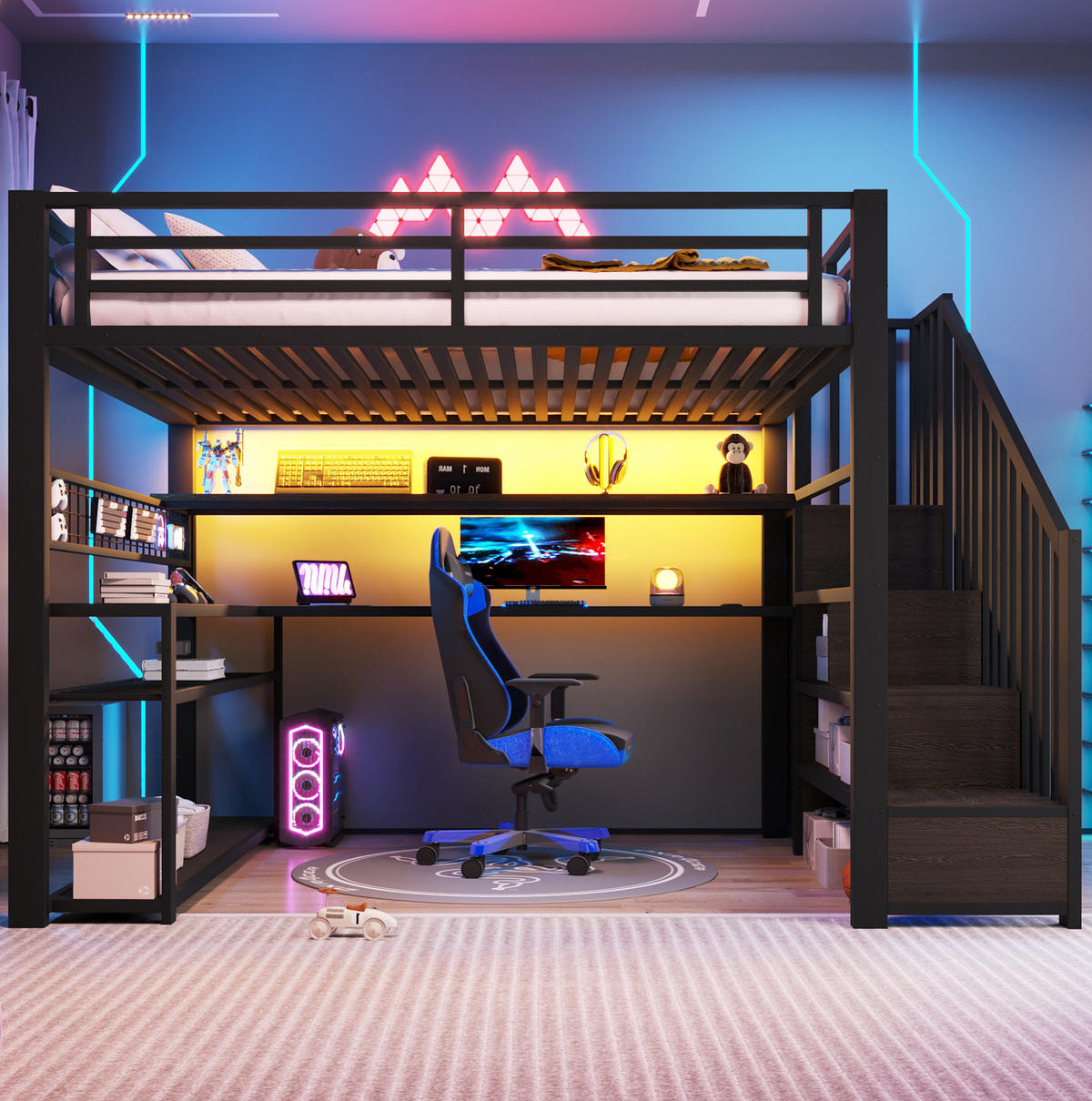HOCHBETT 140/200 cm mit LED, Schreibtisch, Kleiderschrank und Stauraum - Schwarz, Metall (140/200cm) - MIVRAY