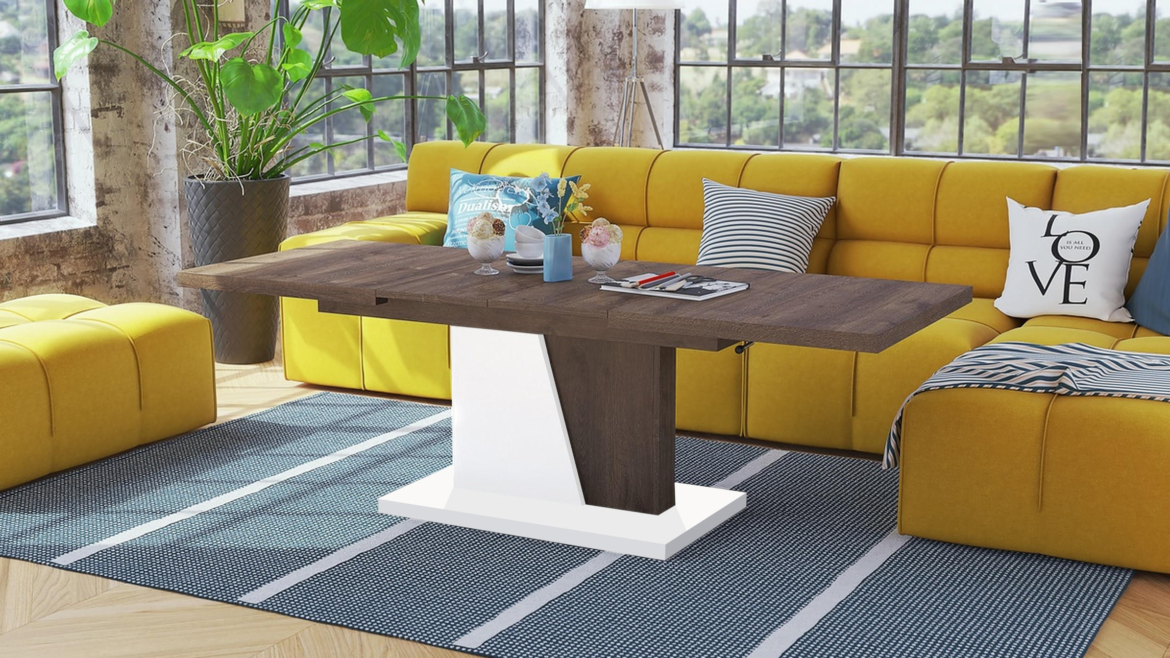 COUCHTISCH rechteckig Eiche dunkel - Weiß ausziehbar höhenverstellbar - Eichefarben/Weiß, Holzwerkstoff (70/120/60cm) - designimpex