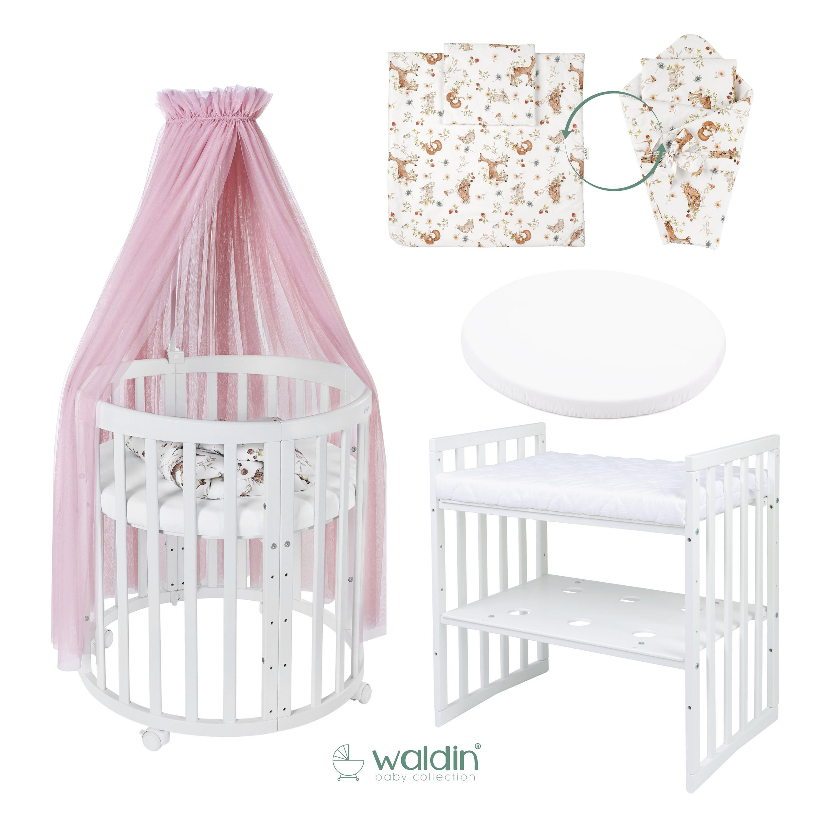 BABYBETT WHITE OVAL 7in1 mit Matratze und Himmelset - Naturfarben/Rosa, Holz/Textil
