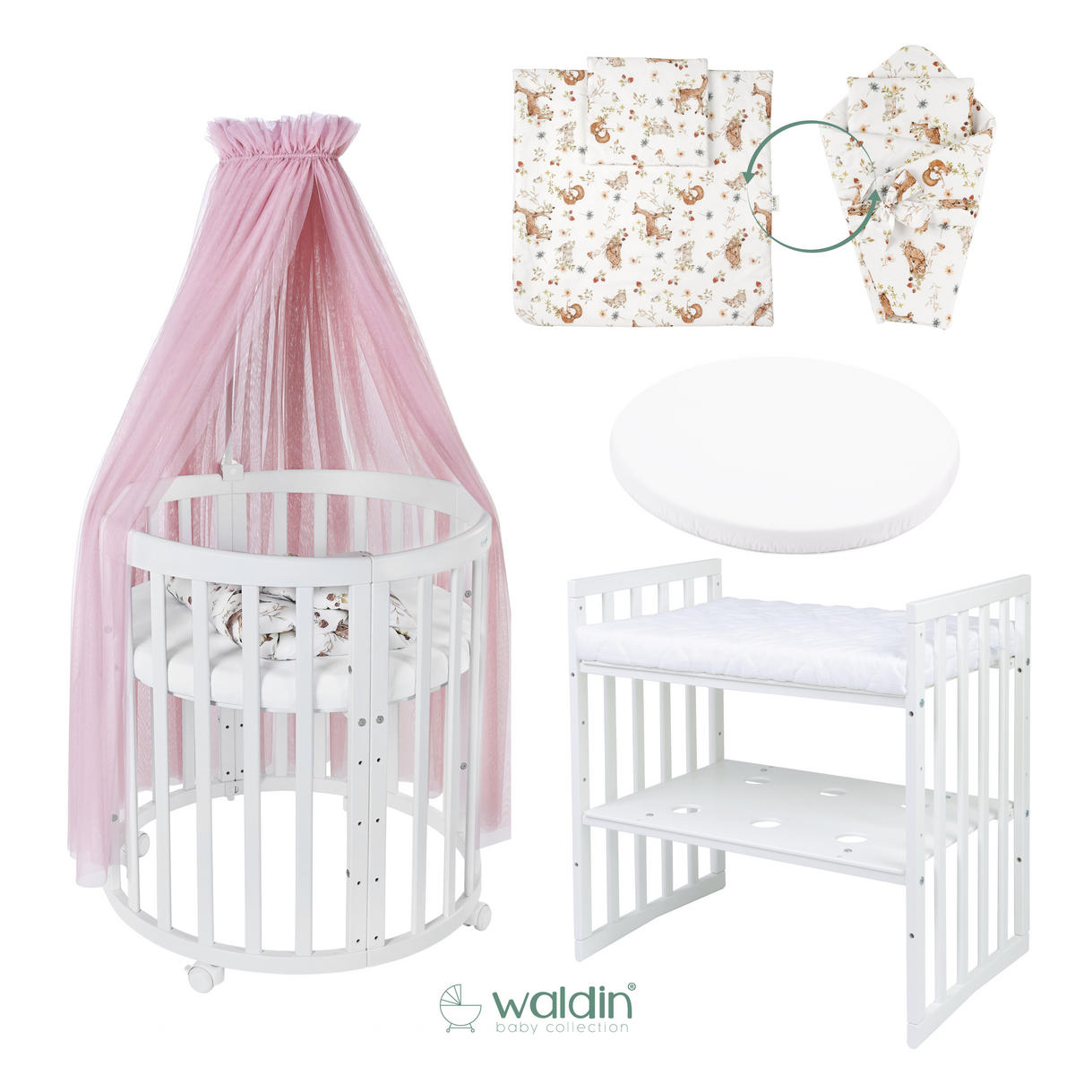 BABYBETT WHITE OVAL 7in1 mit Matratze und Himmelset - Weiß/Rosa, Holz/Textil