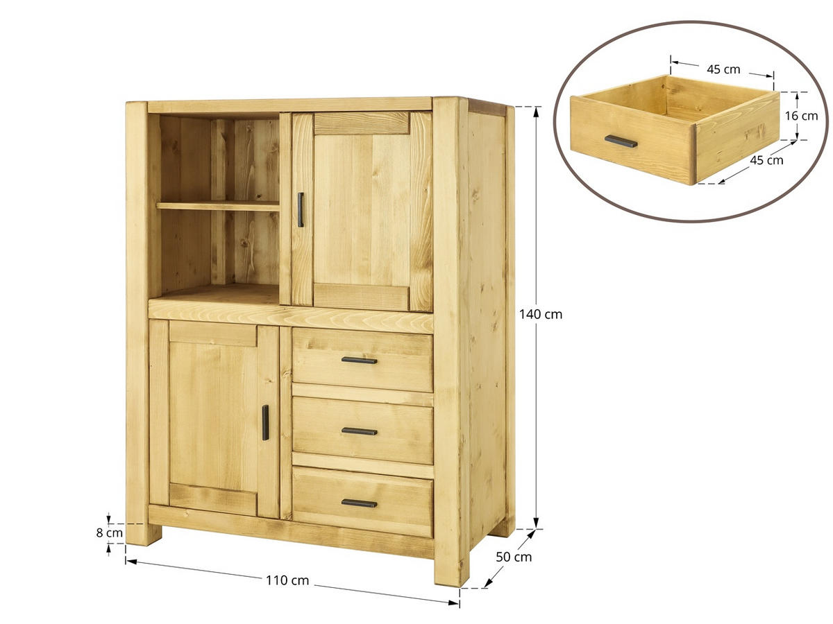 HIGHBOARD aus Massivholz Sara - Honig, Holz (110/140/50cm) - Seart