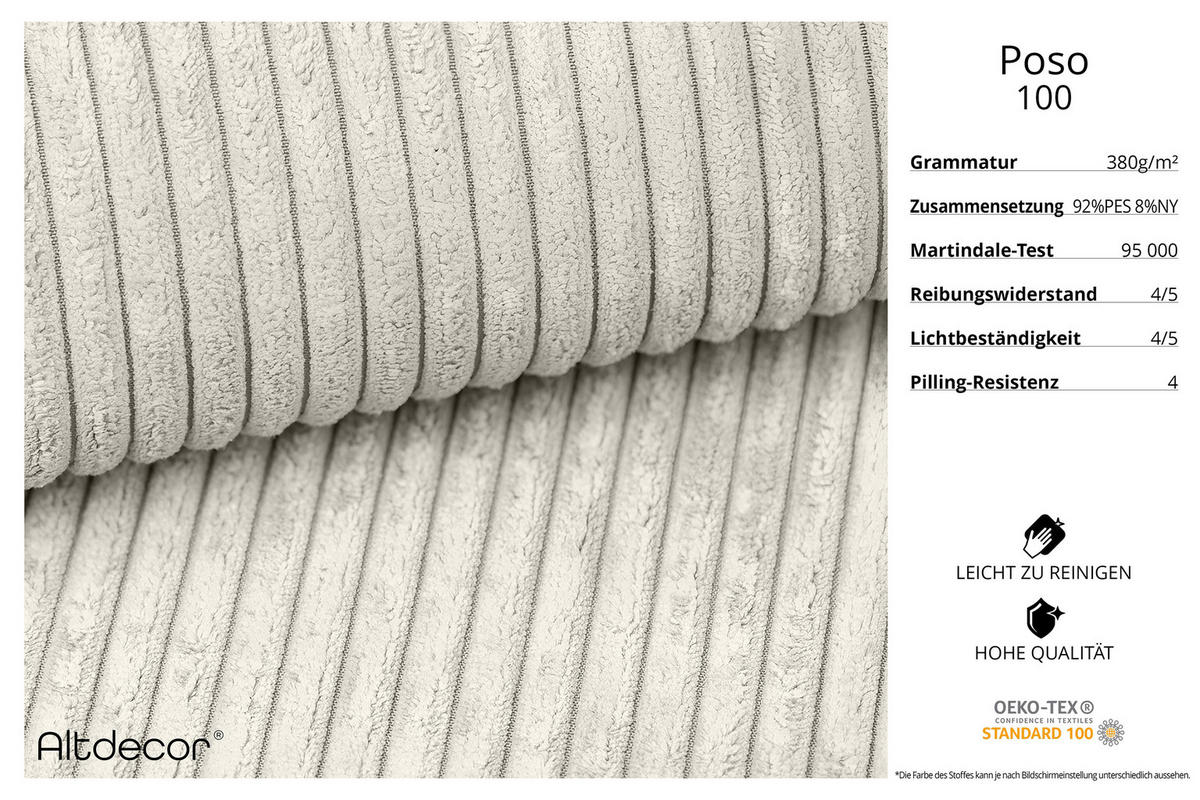 WOHNLANDSCHAFT SIERRA-U - 349x169x80 cm Creme Cord - Hellgrau/Schwarz, Holzwerkstoff/Kunststoff (349/80/169cm) - ALTDECOR