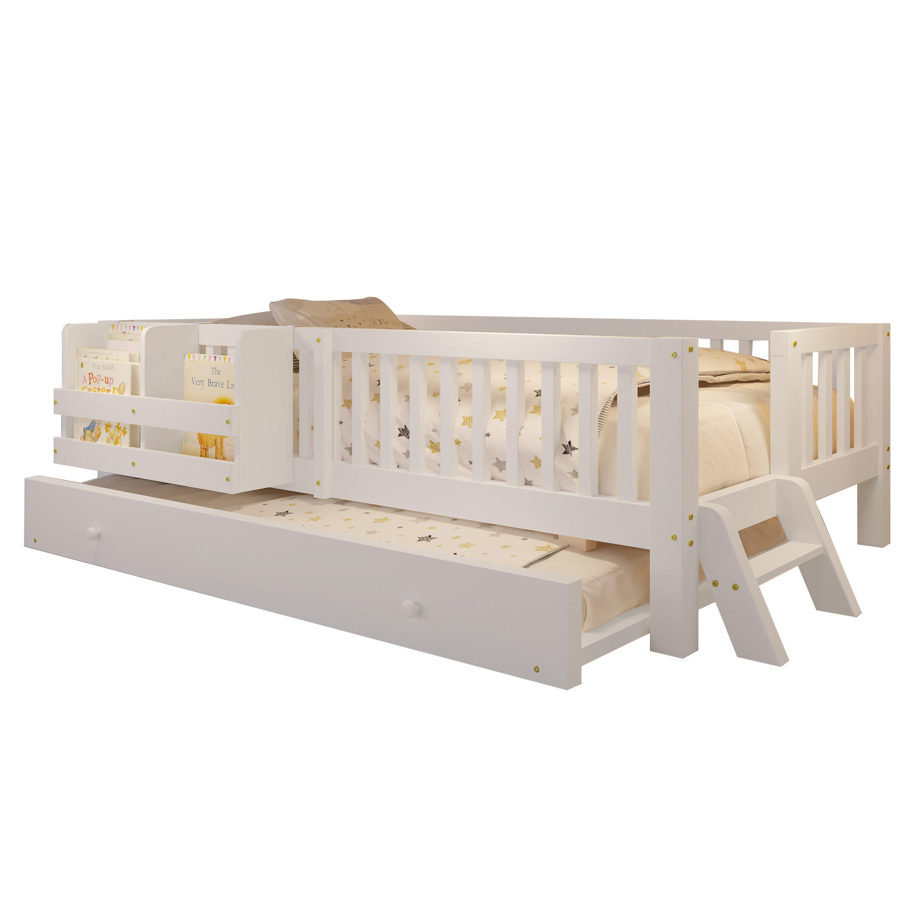 KINDERBETT 90/200 cm in Weiß mit Ausziehbett und Rausfallschutz im skandinavischen Design - Weiß, Holzwerkstoff (90/200cm) - STILVORA